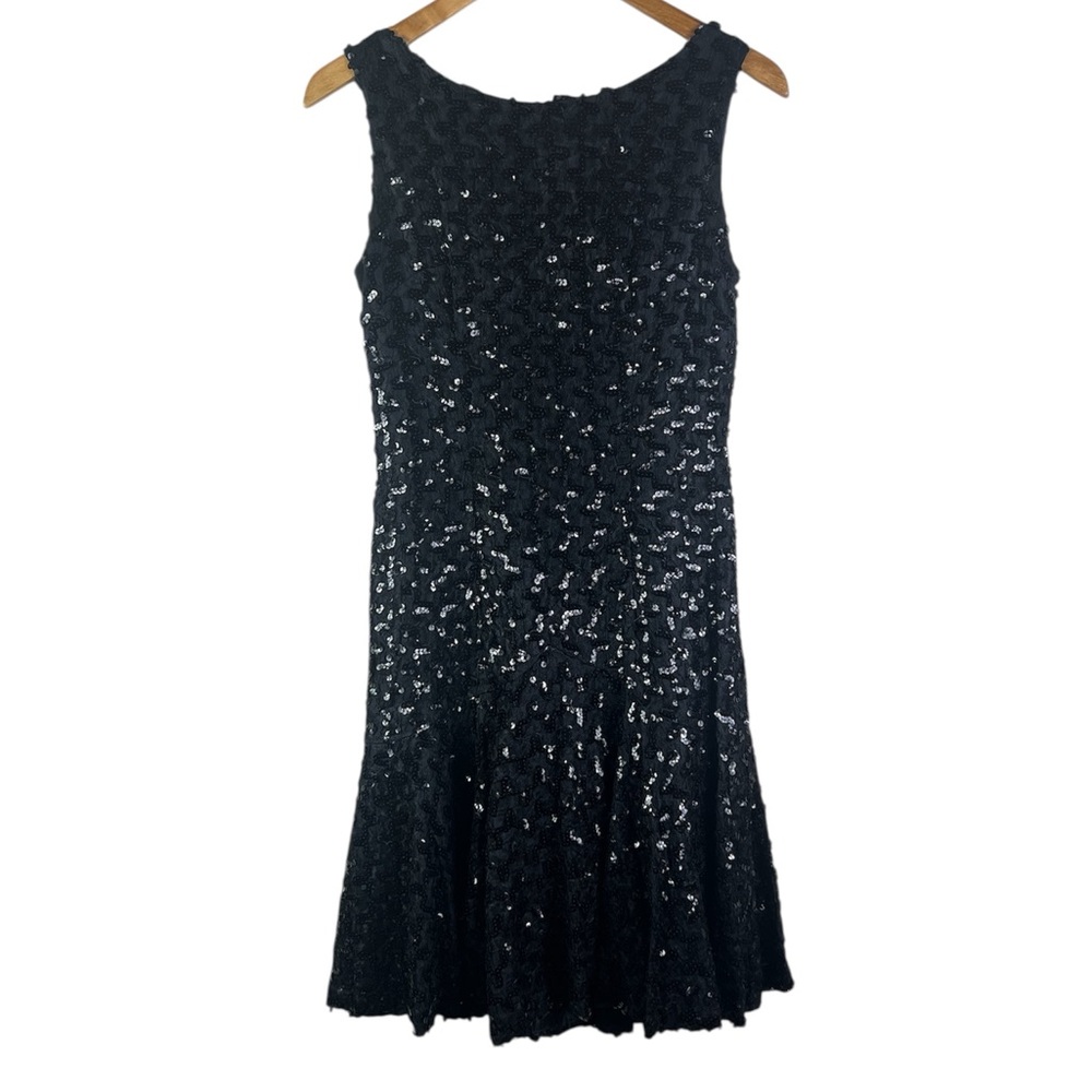 Elegant Black Sequin Midi Cocktail Party Dress Holiday Small 3/4 New Years Eve
